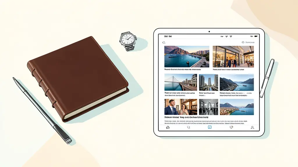 A high-end office desk with a leather planner, a luxury watch, and a tablet displaying a curated gallery of client travel photos and heartfelt testimonials.