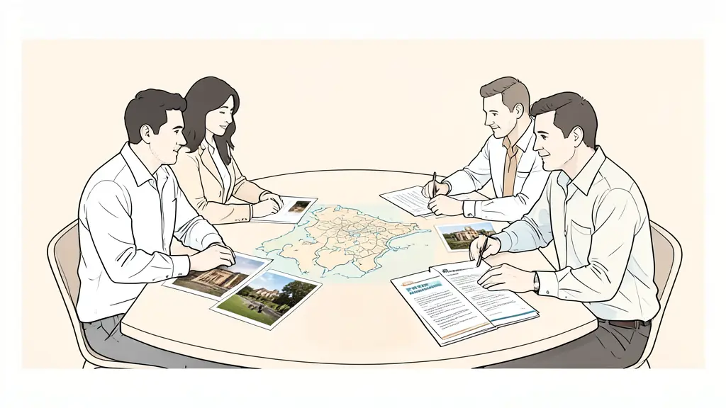 travel operations team reviewing a destination asset map, historic site photographs and supplier contact sheets on a conference table