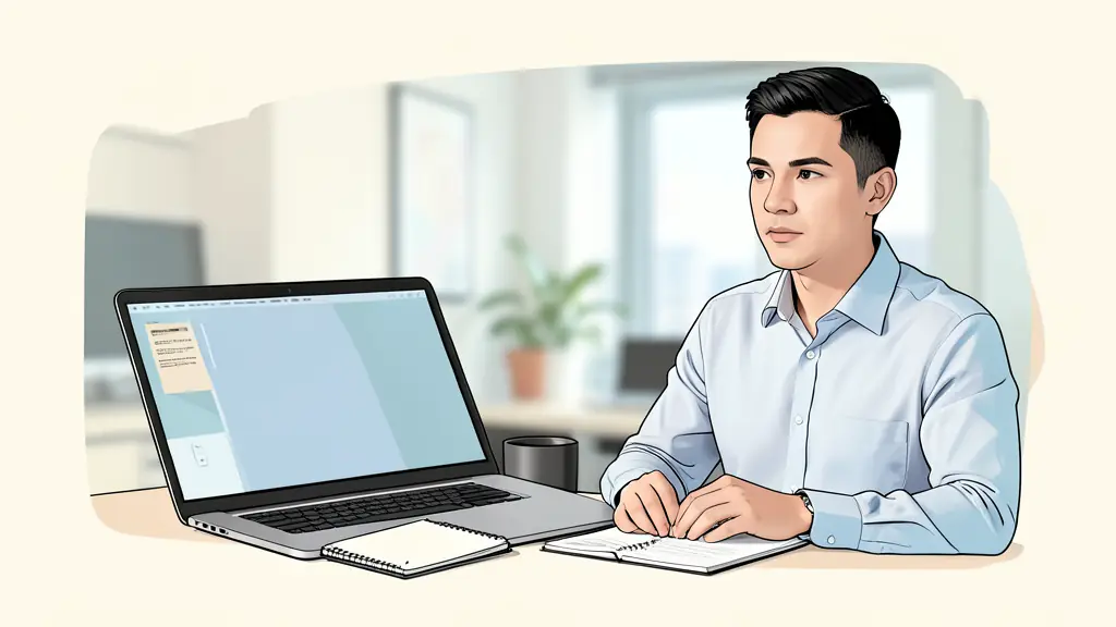A professional workspace with a modern laptop, a clean notebook, and a focused candidate in a business-casual outfit during a video interview, featuring a blurred corporate office background
