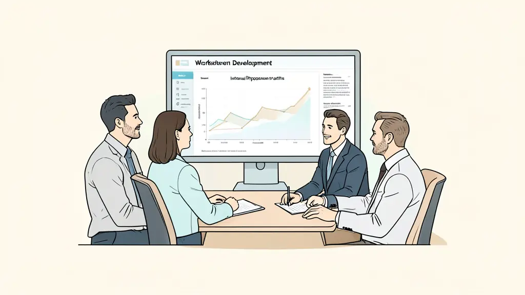 A professional corporate office setting with a diverse management team reviewing a strategic growth chart on a screen, focusing on workforce development and internal promotion paths.