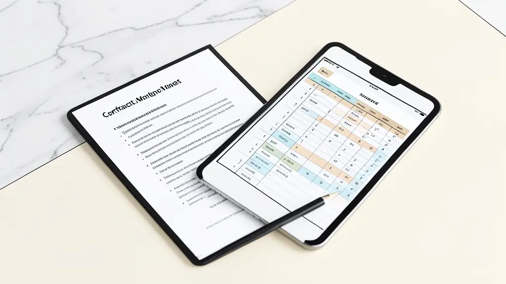 A close-up, high-angle shot of a professional contract and a digital tablet displaying a marketing budget spreadsheet on a minimalist marble desk, editorial style, soft natural lighting
