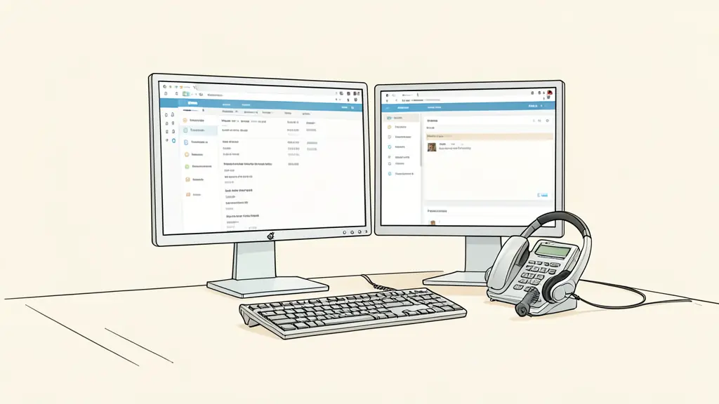 A professional office desk with a high-end headset, a dual-monitor setup displaying a CRM dashboard and a telephony interface, focused on a clean, corporate aesthetic.