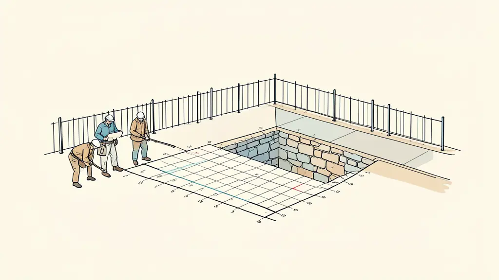 Field archaeologists inspecting a marked survey grid beside a redesigned access path, with protective fencing around an exposed stone foundation