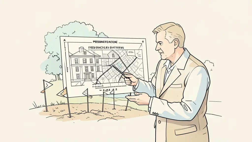 Preservation consultant reviewing a federal permit map at a historic property, with survey flags marking proposed ground disturbance